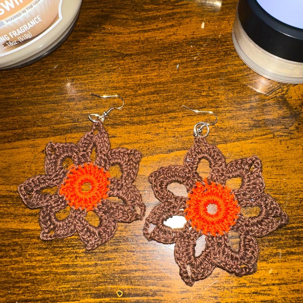 Homemade flower orange and brown earrings